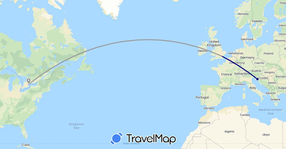 TravelMap itinerary: driving, plane in Canada, United Kingdom, Croatia (Europe, North America)